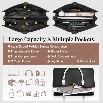 RAINSMORE Laptop Bags for Women 15.6 Inch Leather Laptop Tote Bag Large Capacity Work Tote Bag Waterproof Professional Business Computer Bag Handbag Shoulder Bag for Travel Office College