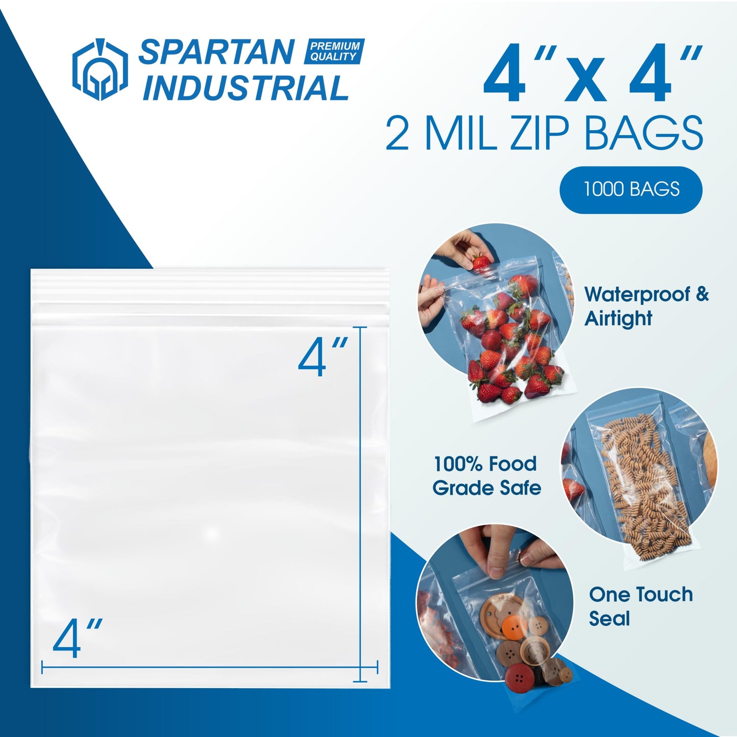 Spartan Industrial - 4” X 4” (1000 Count) 2 Mil Clear Reclosable Zip Plastic Poly Bags with Resealable Lock Seal Zipper