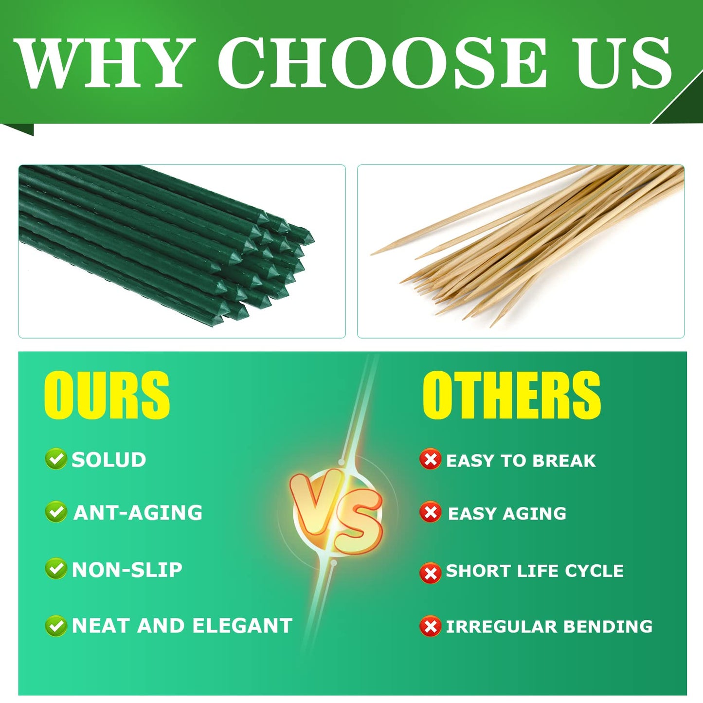 Jollybower 25pcs Steel Plant Stakes 3 Feet, Plastic Coated Metal Garden Stakes Supports Climbing for Tomato, Bean, Flowers, Tree Potted
