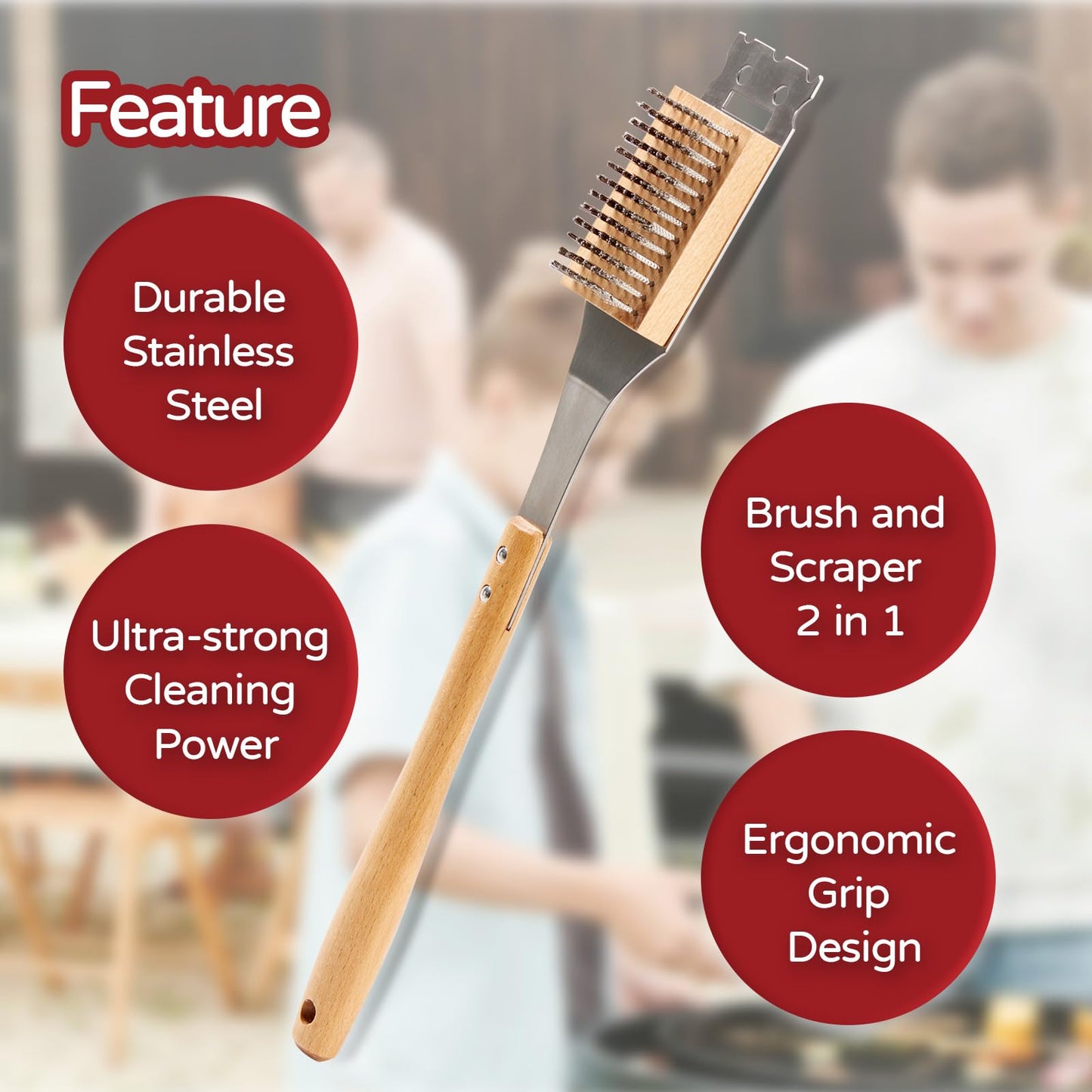ROCKSHEAT Grill Brush and Scraper, 16.9" Grill Cleaning Brush with Heat Resistant Stainless Steel Bristles & Comfortable Wood Handle, BBQ Grill Brush for Outdoor Grill, BBQ Accessories Gift for Men
