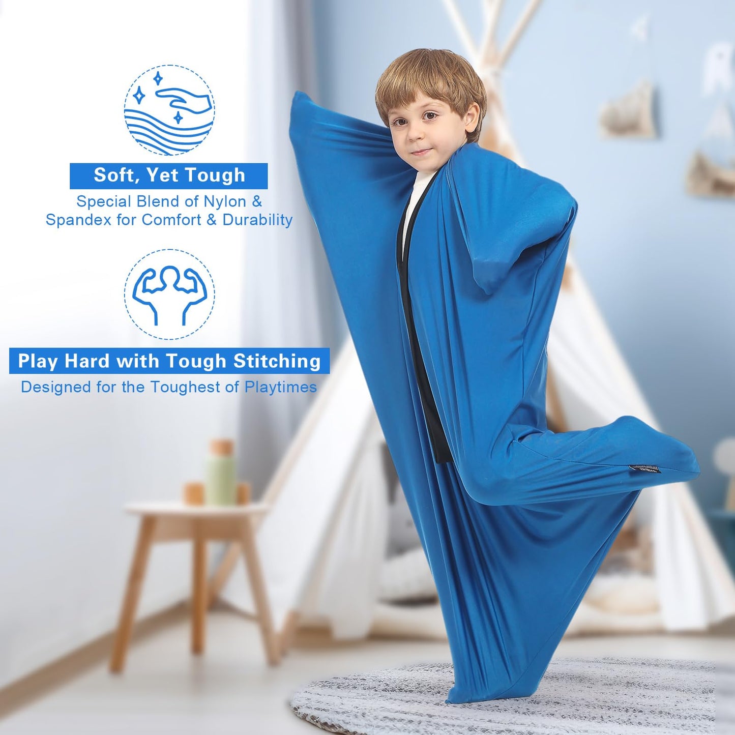 Hugsmiling Body Sock Sensory Kids, Medium Compresson Sock, Cozy Fabric with Strong Stitching and Snaps Closures (Classic Blue)
