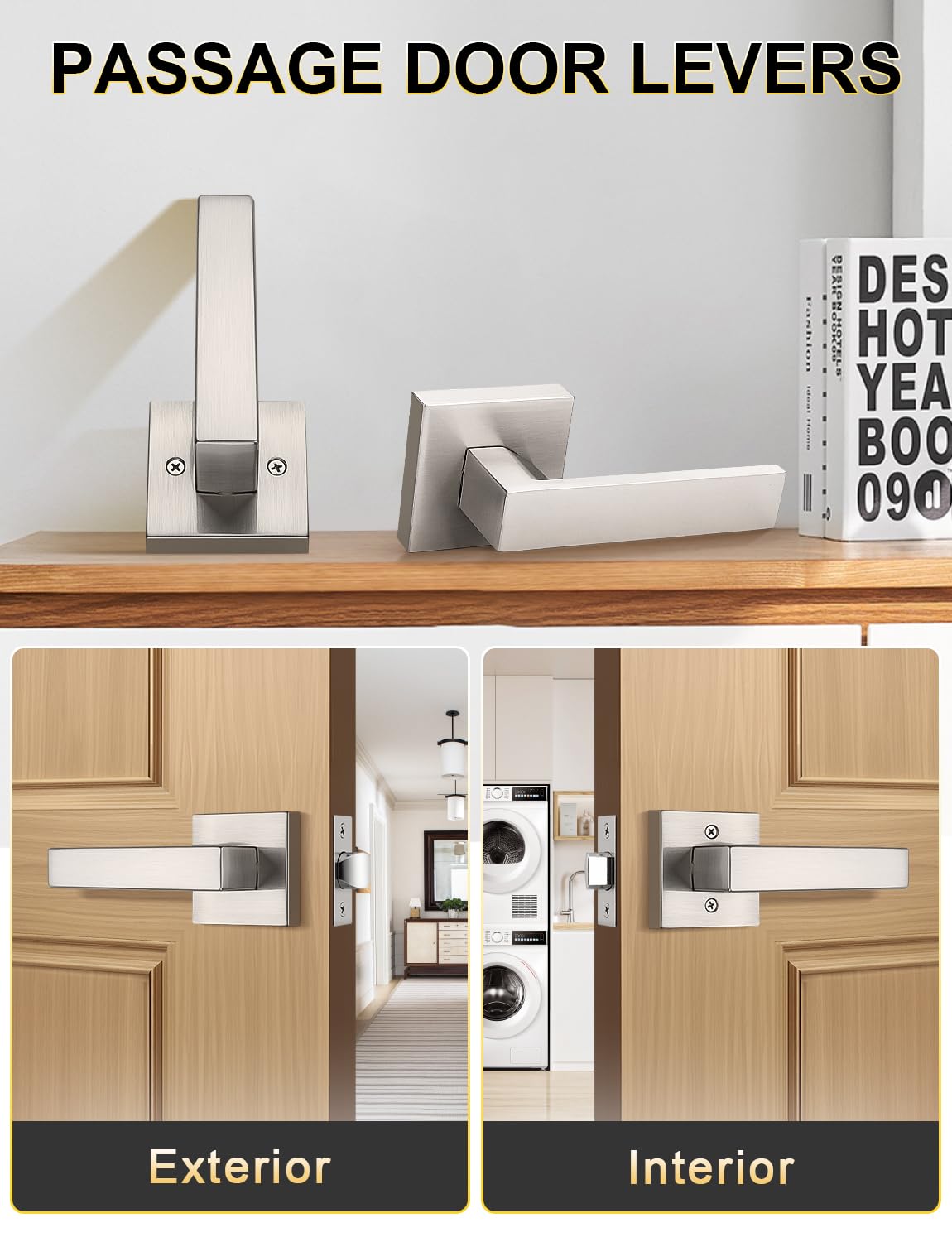 Tinewa 1 Pack No Lock Passage Brushed Nickel Door Lever, Reversible Door Handle Without Locking for Right/Left Handed Door, Heavy Duty Square Lever Set for Interior/Exterior Use