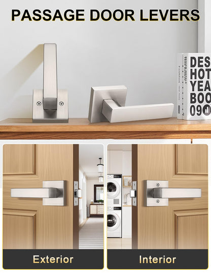 Tinewa 1 Pack No Lock Passage Brushed Nickel Door Lever, Reversible Door Handle Without Locking for Right/Left Handed Door, Heavy Duty Square Lever Set for Interior/Exterior Use