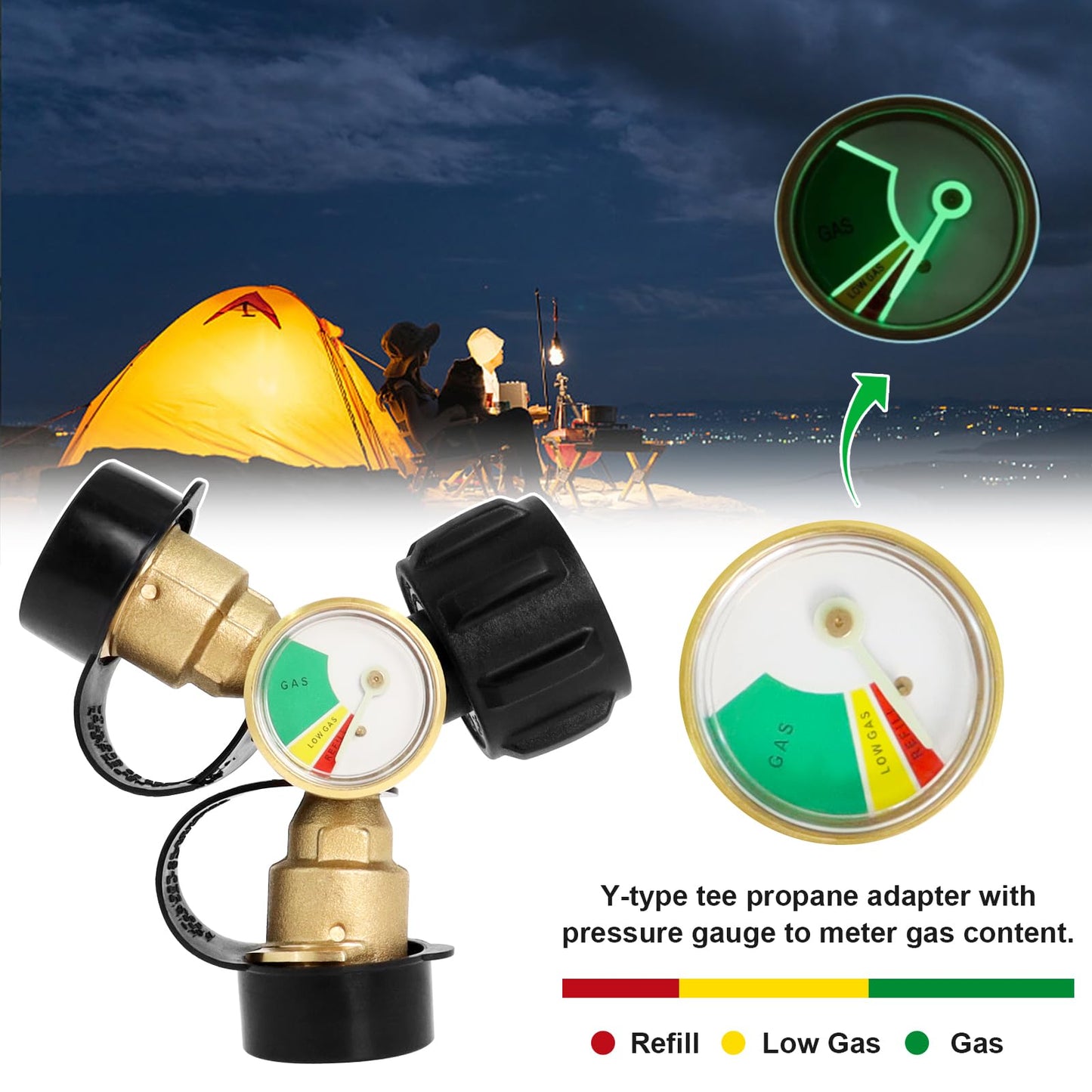 Propane Tank Y Splitter Adapter with Gauge, Propane Tank Gauge Connector with Shut-Off Valve - LP Gas Adapter Tee Connector for Heaters, Camping Stoves, BBQ Grills, Gas Burners