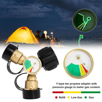 Propane Tank Y Splitter Adapter with Gauge, Propane Tank Gauge Connector with Shut-Off Valve - LP Gas Adapter Tee Connector for Heaters, Camping Stoves, BBQ Grills, Gas Burners