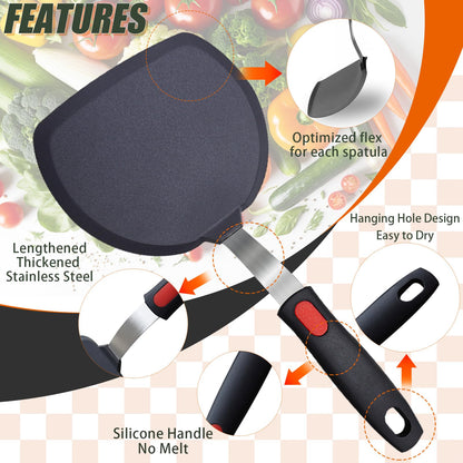 4-Pack Silicone Spatula and Spoon Set, 600°F (315°C) Heat Resistant Kitchen Utensils for Non-Stick Cookware, 3 Flexible Turners & 1 Solid Spoon, Ergonomic Non-Slip Grip, BPA Free, Black