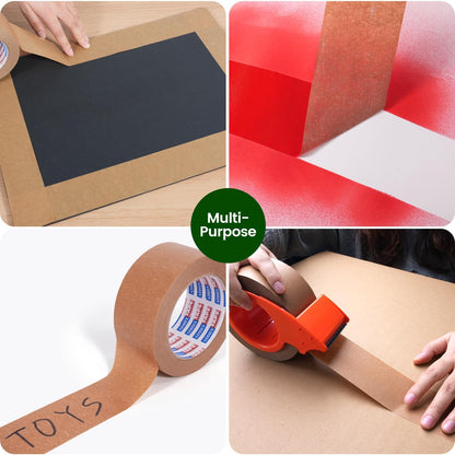 ADHES Kraft Paper Tape with Dispenser, 2 in x 55 yds x 3 Rolls – Eco Friendly Brown Packing Tape, Strong Adhesive, Easy Cut Tape Dispenser for Shipping, Moving & Packaging