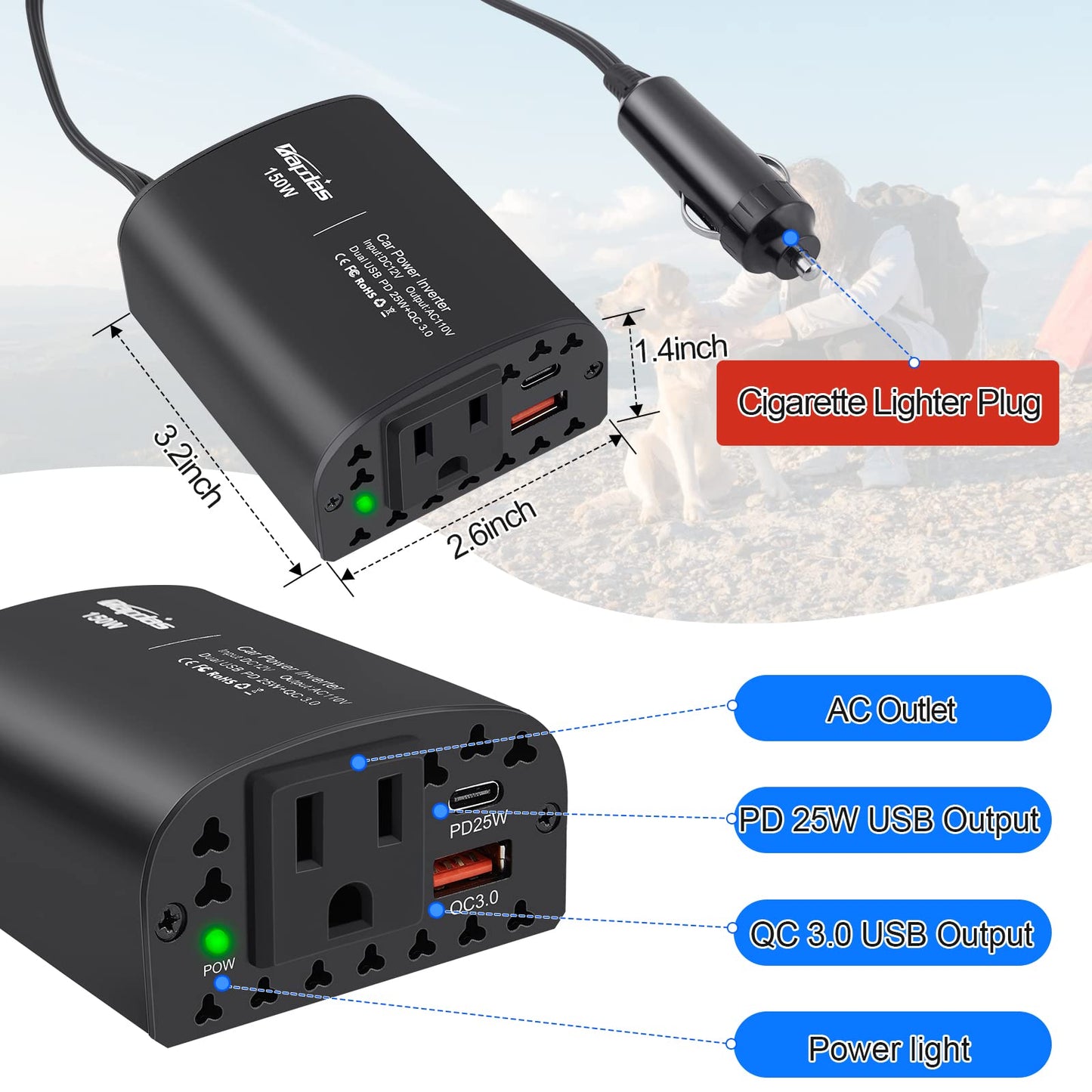 150W Car Power Inverter DC 12V to 110V AC Car Outlet Adapter Converter with PD 25W &QC3.0 USB Ports Laptop Car Charger