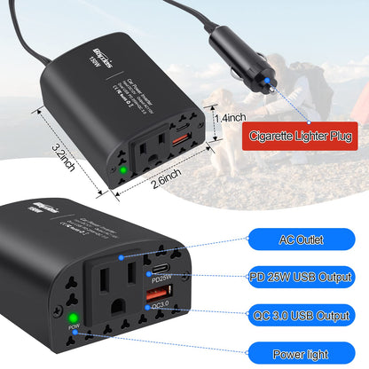 150W Car Power Inverter DC 12V to 110V AC Car Outlet Adapter Converter with PD 25W &QC3.0 USB Ports Laptop Car Charger