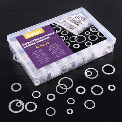 Swpeet 470Pcs Automotive Metric Oil Drain Plug Gasket Aluminum Flat Washer Assortment Kit, Including 18 Different Sizes - M6 M8 M10 M12 M14 M16 M18 M22 M24