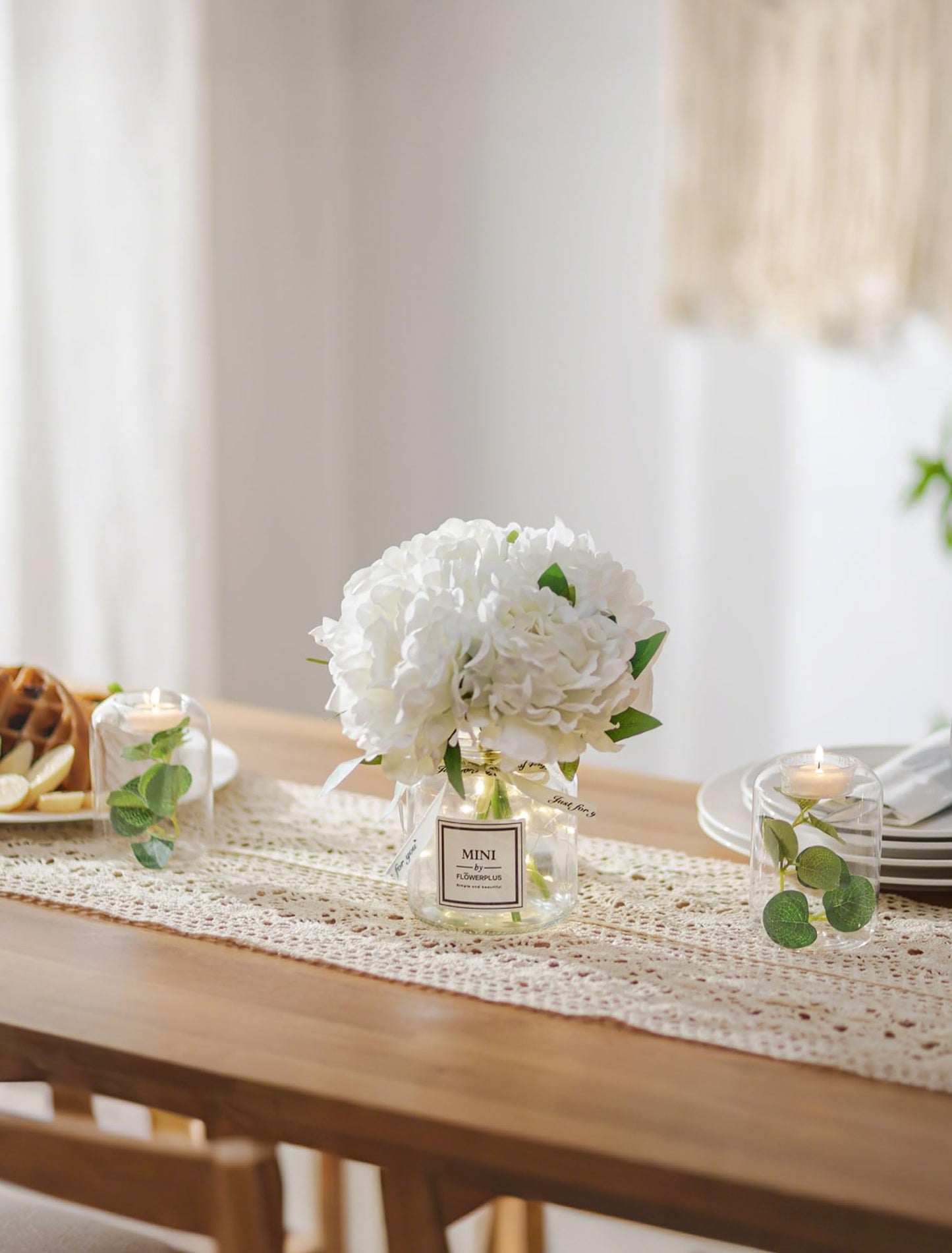BLOSMON White Fake Flowers with Vase: Small Coffee Table Decor Bathroom Hydrangea Faux Flowers in Vase Office Desk Shelf Home Living Room Bedroom Vanity nightstand Decorations Floral Arrangement