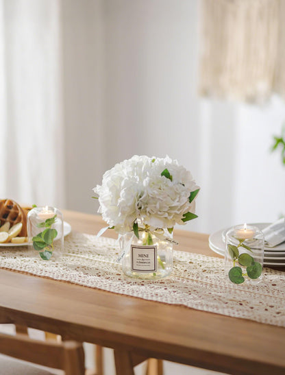 BLOSMON White Fake Flowers with Vase: Small Coffee Table Decor Bathroom Hydrangea Faux Flowers in Vase Office Desk Shelf Home Living Room Bedroom Vanity nightstand Decorations Floral Arrangement