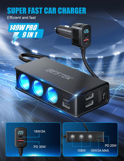 BESTEK 9 in 1 Cigarette Lighter Splitter 148W 3-Socket Car Cigarette Lighter PD30W and 4 USB-A QC3.0 18W with LED Display 12V/24V Cigarette Lighter Adapter for Dash Cam, GPS, iPad/Laptop/Phone