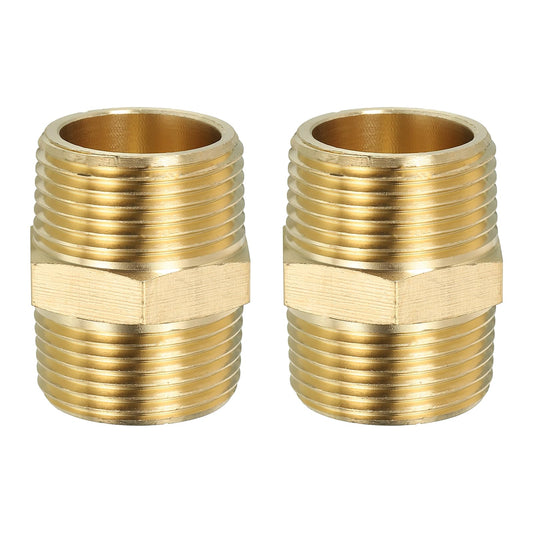 PATIKIL Solid Brass Hex Nipple Pipe Fitting Thread Adapter, 2 Pack 1" NPT x 1" NPT Male Water Line Connectors Couplings
