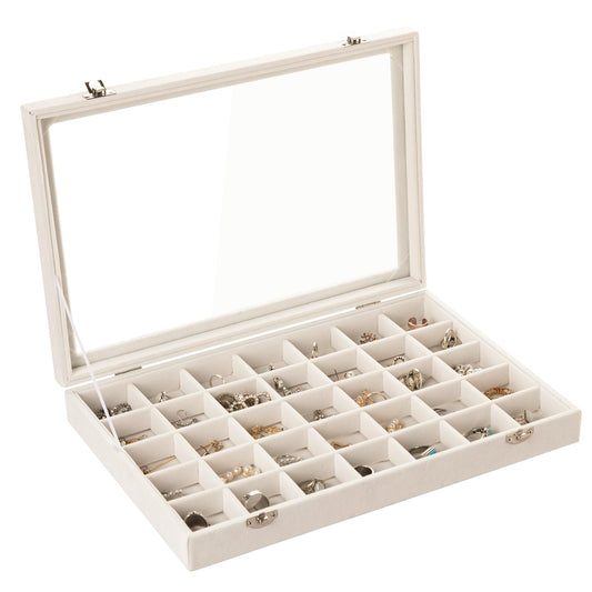 Frebeauty Velvet Jewelry Tray 35 Grid Jewelry Organizer with Clear Lid Transparent Earring Organizer Holder Case with Clasp Drawer Insert for Rings Studs Gift for Women Girls(Beige 35 Grid)