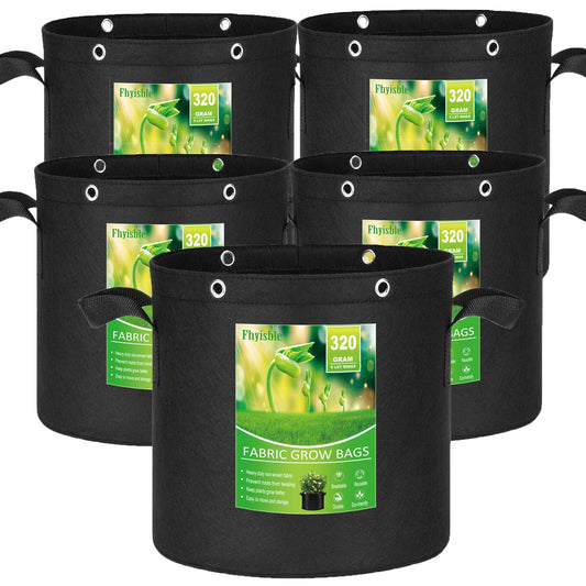 Fhyisble Grow Bags,10 Gallon 5 Packs Grow Pots, 320G Thick Nonwoven Fabric Pots with LST Rings for Low Stress Plant Training, Potatoes,Tomatoes,Vegetables,Flowers