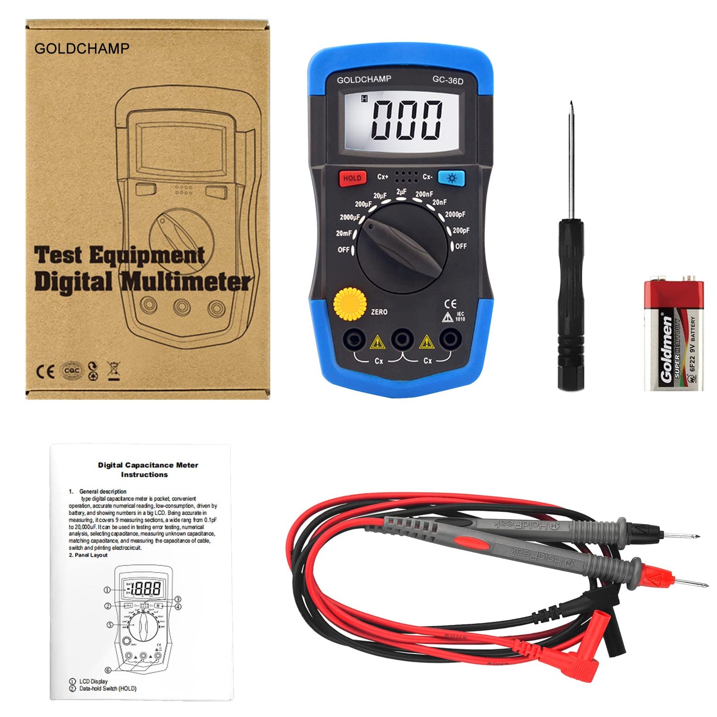 GOLDCHAMP Capacitance Meter Digital Multimeter 200pF-20mF Meter Capacitor Handheld Multimeter Tester with Multi Testers Manual Range Measure Tool, Back Light, Data Hold