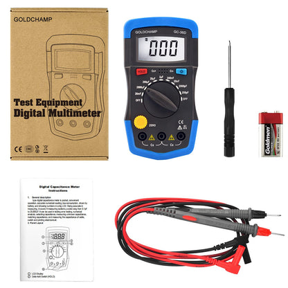 GOLDCHAMP Capacitance Meter Digital Multimeter 200pF-20mF Meter Capacitor Handheld Multimeter Tester with Multi Testers Manual Range Measure Tool, Back Light, Data Hold