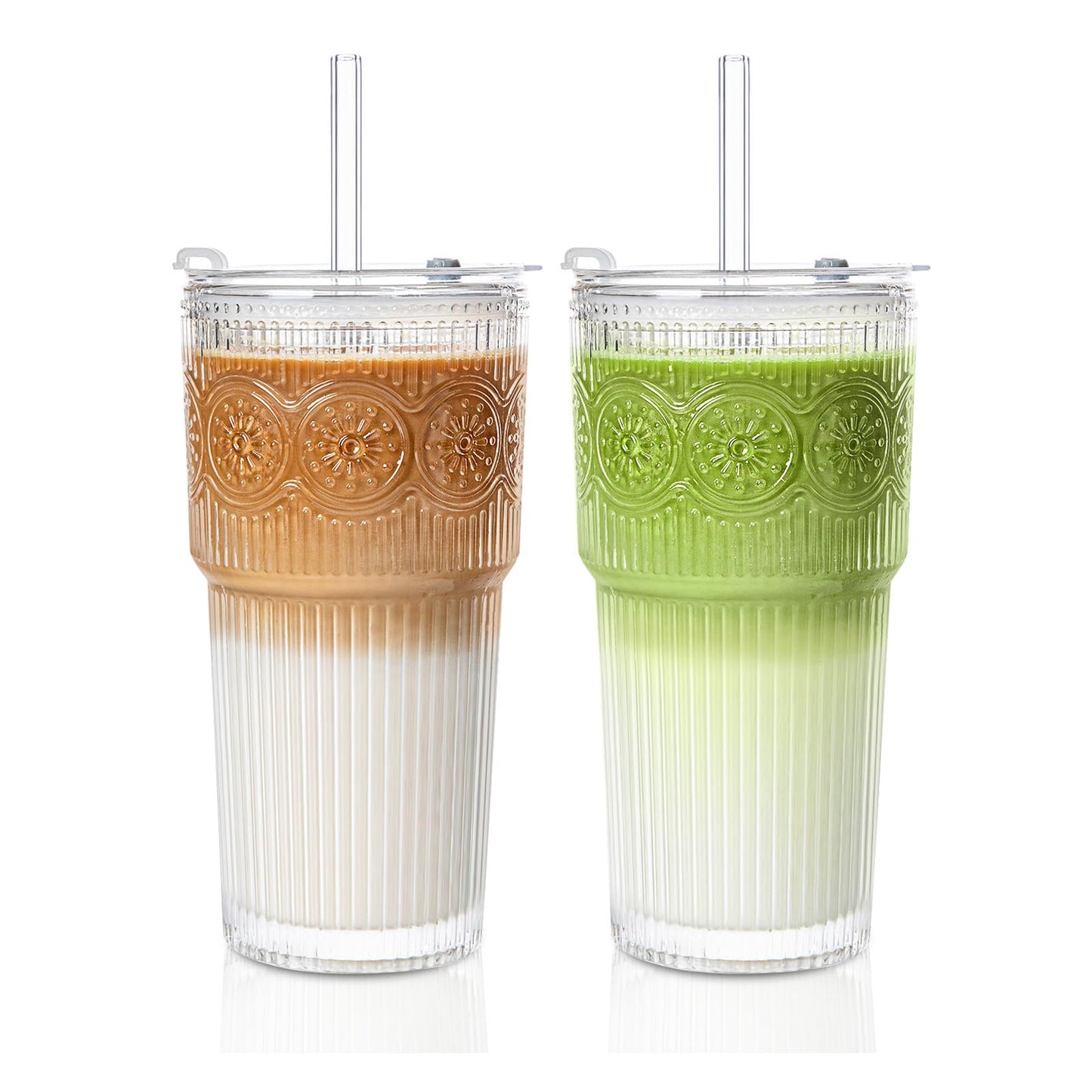 INSETLAN 20oz Ribbed & Floral Glass Tumblers with Lids and Glass Straws, Set of 2 – Iced Coffee Cups, Reusable Drinking Glasses for Water, Smoothies, Tea, and Juice – Perfect for Travel & Daily Use