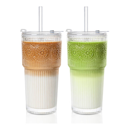 INSETLAN 20oz Ribbed & Floral Glass Tumblers with Lids and Glass Straws, Set of 2 – Iced Coffee Cups, Reusable Drinking Glasses for Water, Smoothies, Tea, and Juice – Perfect for Travel & Daily Use