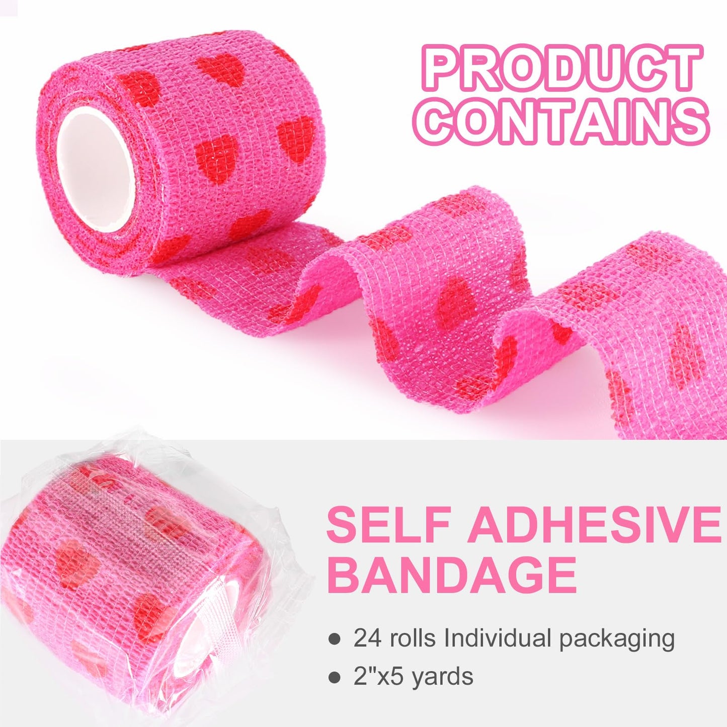 24 Pack Self Adhesive Bandage Wrap, 2” x 5 Yards Cohesive Medical Tape Elastic Grip Tape Black Sports Tape Athletic for Ankle, Wrist Sprains, Pet First Aid (Pink Heart, 2 inch)