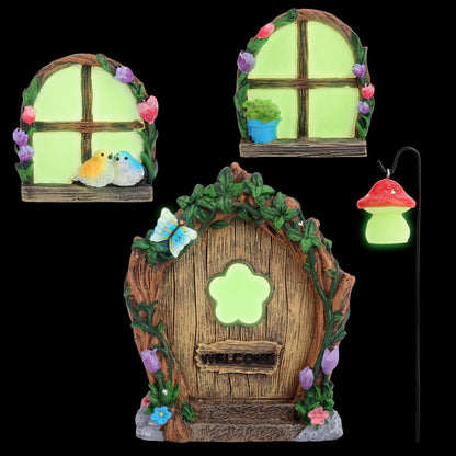 4pcs Fairy Door Windows & Lantern Set for Tree, Glow-in-The-Dark Miniature Fairy Garden Accessories for Outdoor Lawns Yard Landscape Gnome House Garden Decor
