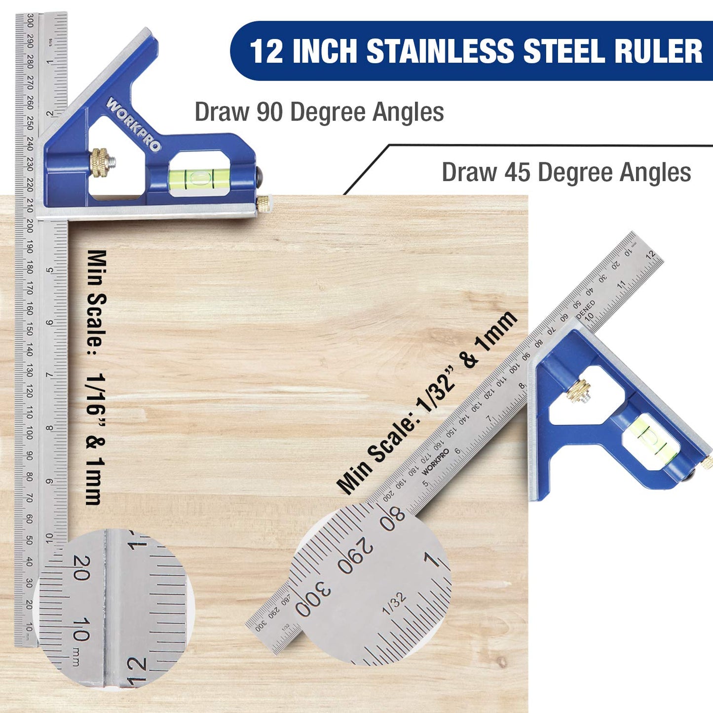 WORKPRO Rafter Square and Combination Square Tool Set, 7 Inch Aluminum Alloy Die-Casting Carpenter Square and 12 Inch Zinc-Alloy Square Ruler Combo (Rafter Square Layout Tool)