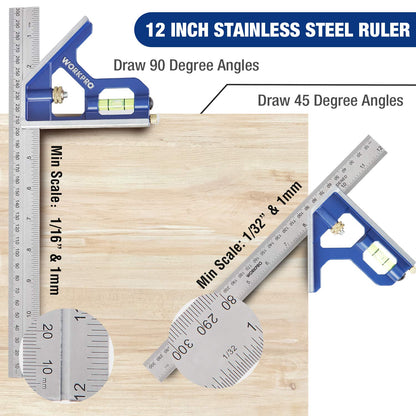 WORKPRO Rafter Square and Combination Square Tool Set, 7 Inch Aluminum Alloy Die-Casting Carpenter Square and 12 Inch Zinc-Alloy Square Ruler Combo (Rafter Square Layout Tool)