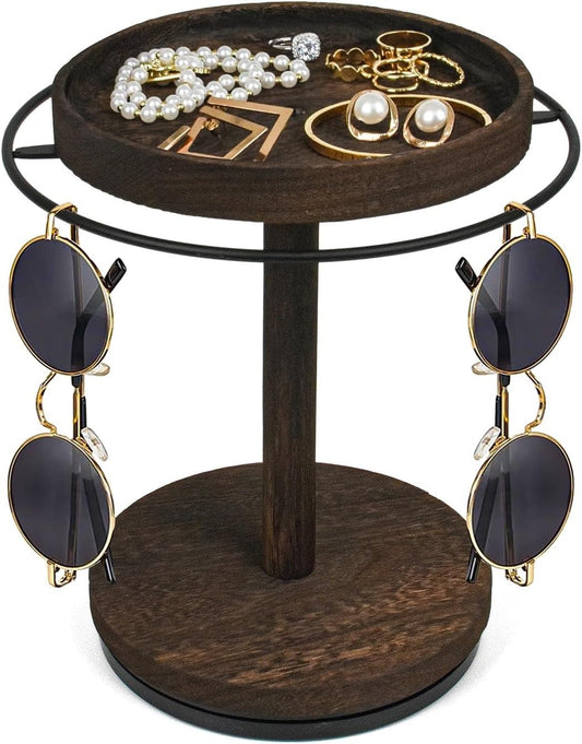 360° Rotating Sunglass Organizer Storage, Metal Frame with Wood Base and Tray, Glasses Holder Stand with Tray for Desk, Dresser, Tabletop, Nightstand and Home Decor