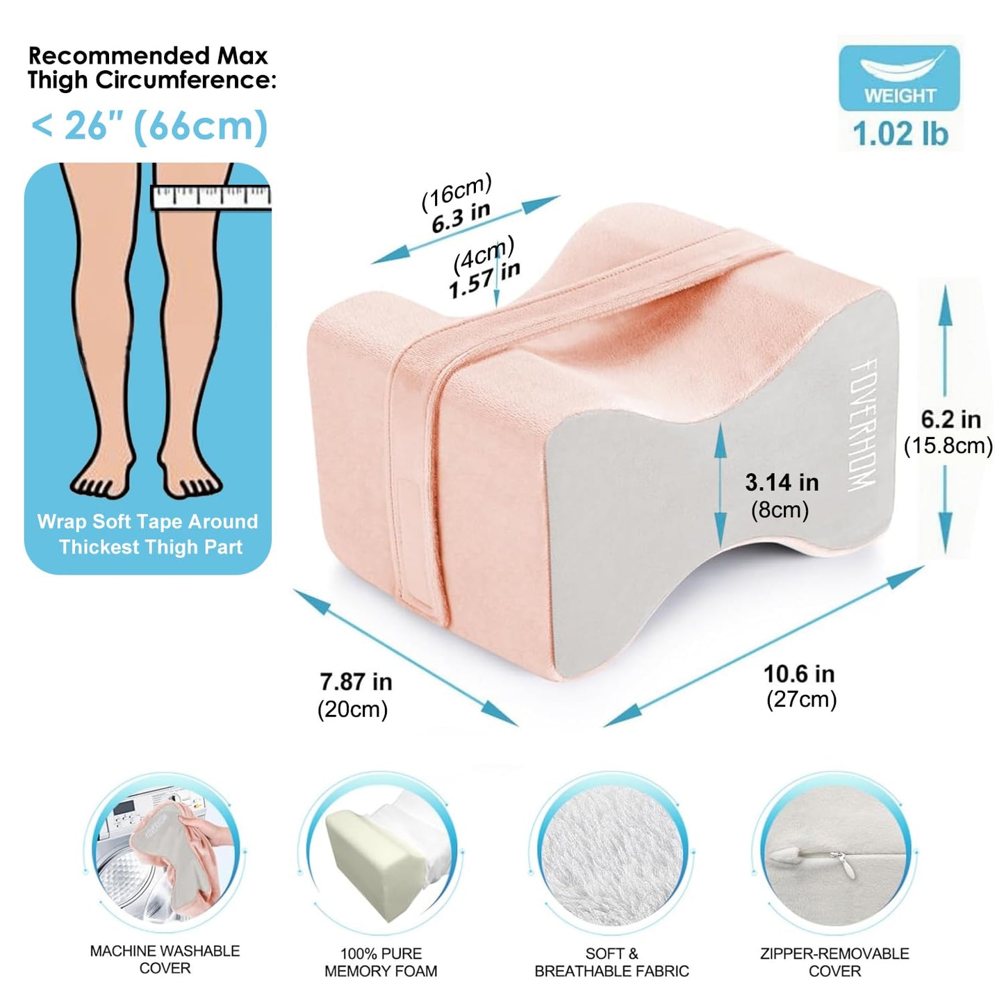 Foverhom Memory Foam Knee Pillow,Orthopedic Leg Pillow for Sciatica Relief,Back Pain, Pregnancy, Leg Pain, Hip Pain and Sciatica Relief,Pink Peach