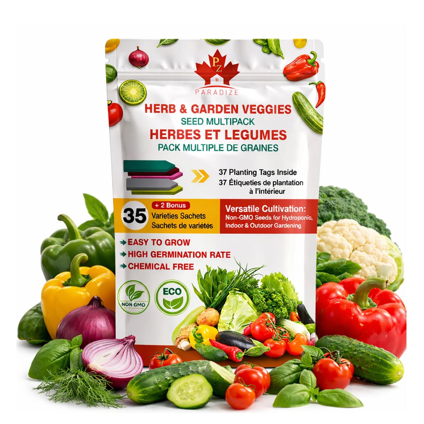 PZ 35+2 Packs Vegetable & Herb Seeds, Heirloom Seeds Packets + 37 Tags Over 6000 +Seeds 100% Non-GMO. Sachets de graines potagères (35+2)