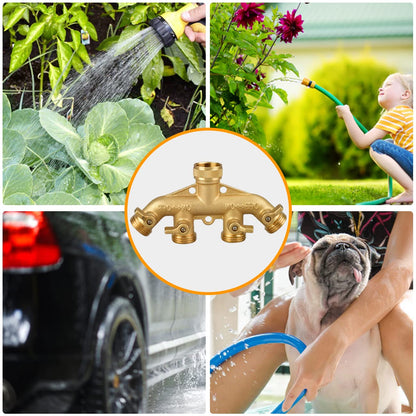 Garden Hose Splitter 4 Way, 3/4" Water Splitter with 8 Gaskets and 1 Seal Tape, 4 Way Independent Valve Heavy Duty Brass Body Garden Hose Connector for Gardens, Home Life, Household Use