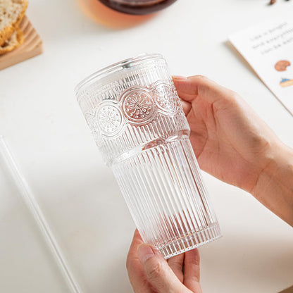 INSETLAN 20oz Ribbed & Floral Glass Tumblers with Lids and Glass Straws, Set of 2 – Iced Coffee Cups, Reusable Drinking Glasses for Water, Smoothies, Tea, and Juice – Perfect for Travel & Daily Use