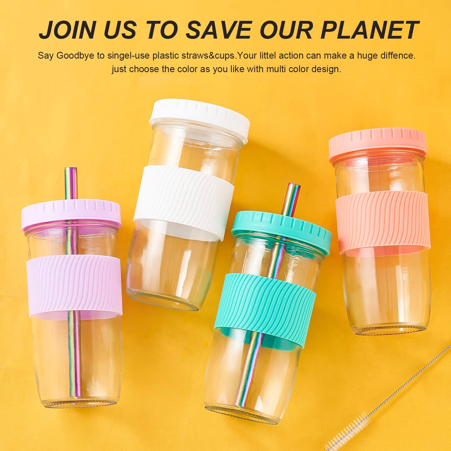 HEFBCOMK 2 Pack Reusable Boba Cup Smoothie Tumbler Glass Bubble Tea Cup, 24oz Iced Coffee Cups with Lids and Straws, Mason Jar Drinking Glasses for Bubble Tea, Beer, Smoothie, Juice (Black)