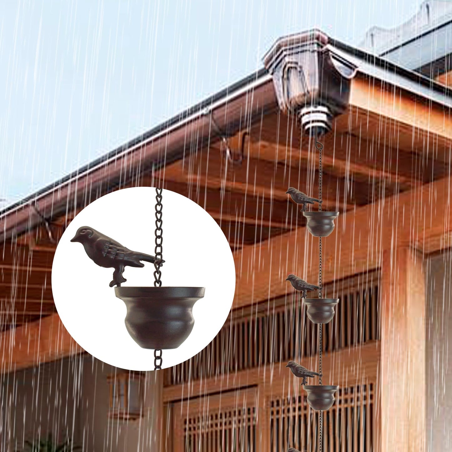 MrMrKura 8 FT Rain Chains for Gutters Birds Rain Chain Gutter Adapter Rain Chimes for Outside, Metal Rain Catcher Gutter Chain Downspout for Heavy Rain