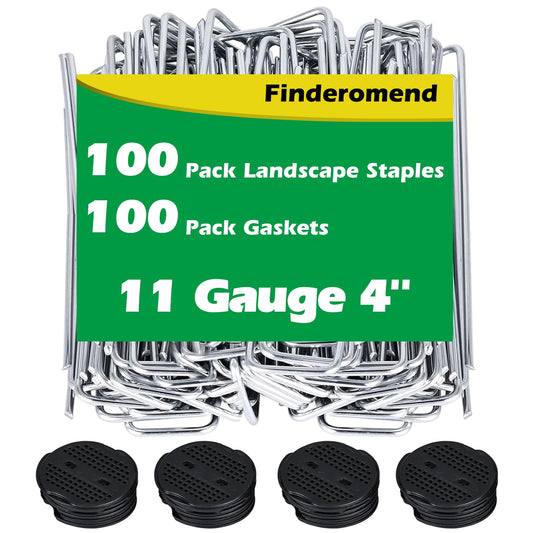 Finderomend 100 Pack Landscape Staples and 100 Pack Gaskets,11 Guage 4 in Galvanized Steel Garden Stakes with Black Pads,Landscape Pins Turf Staples for Securing Weed Barrier