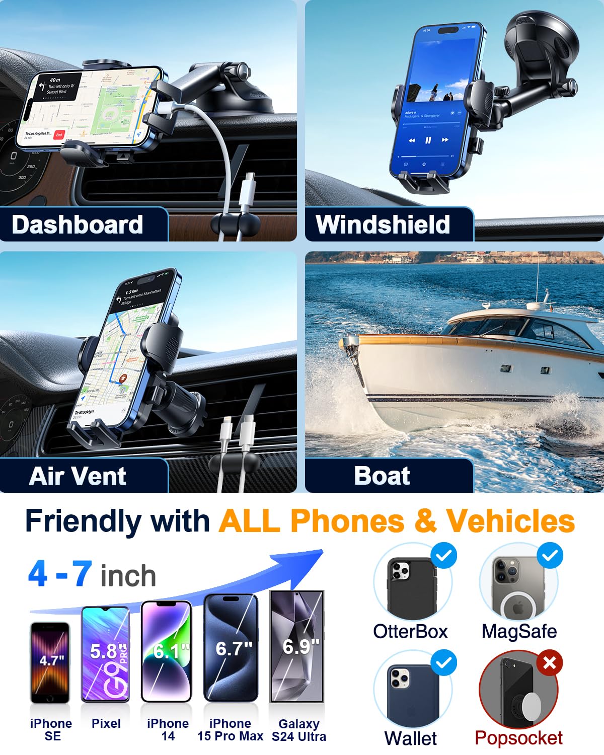 [True Military-Grade & 360° Rotatable Suction] 2026 YRU Ultimate Car Phone Holder Mount 【90+LBS Safest Strongest & Patent Certs】 Dashboard Windshield Vent for iPhone 17 16 Pro Max Samsung,Dark Black