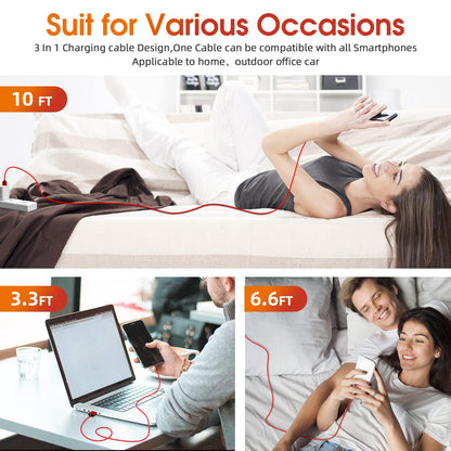 Magnetic Charging Cable 7-Pack [1.6FT/3FT/3FT/3FT/6FT/6FT/10FT] 540 Rotating Phone Charger 3 in 1 USB Cable Nylon Braided for Micro USB/Type C/iProduct Device - Red
