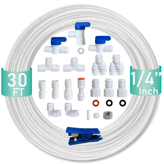 ESHIONG NSF Certified 1/4" O.D. Push to Connect Fittings for RO (Reverse Osmosis) Water Filter（ Fridge Installation Kits） 20 pcs+30 feet 1/4" Water tubing.