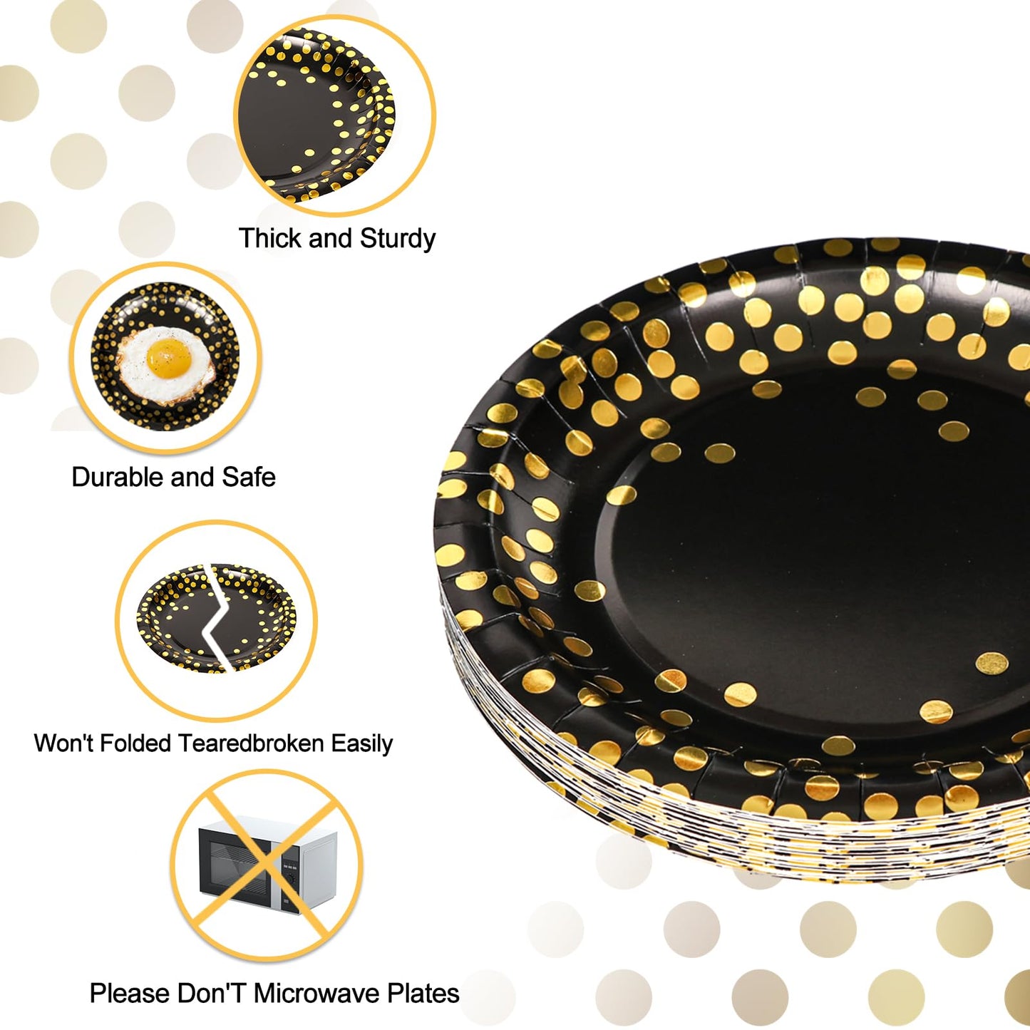 100Pcs Black and Gold Party Supplies, Black Plates Disposable for Party, 7inch Round Black and Gold Plates, Dinner Plates Golden Foil Polka Dots (Black, 7inch - 100pcs)