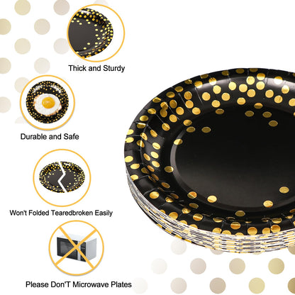 100Pcs Black and Gold Party Supplies, Black Plates Disposable for Party, 7inch Round Black and Gold Plates, Dinner Plates Golden Foil Polka Dots (Black, 7inch - 100pcs)