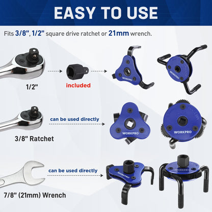 WORKPRO 2-Pack Universal Oil Filter Wrench Adjustable, 3 Jaw Oil Filter Removal Tool, Oil Filter Change Set, Ideal for Engine Filters, Conduit, & Fittings