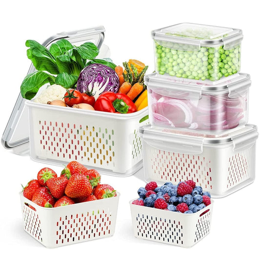 Fresh Food Storage Containers, 4 Pack Large Capacity Produce Saver Box with Drain Baskets & Lid for Vegetable and Fruit - BPA Free Stackable Refrigerator Organizer for Kitchen (0.8L+1.7L+3.15L+4.15L)