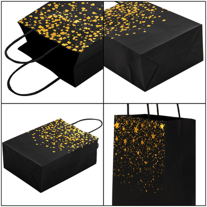 Nicunom 60 Pack Paper Gift Bags, 8.3 x 5.9 x 3.1 Inch Black Gold Gift Bags Bronzing Stars & Heart Gift Bags Bulk Kraft Party Favor Bags with Handle for Wedding Birthday Halloween Mother' Day Christmas Anniversary