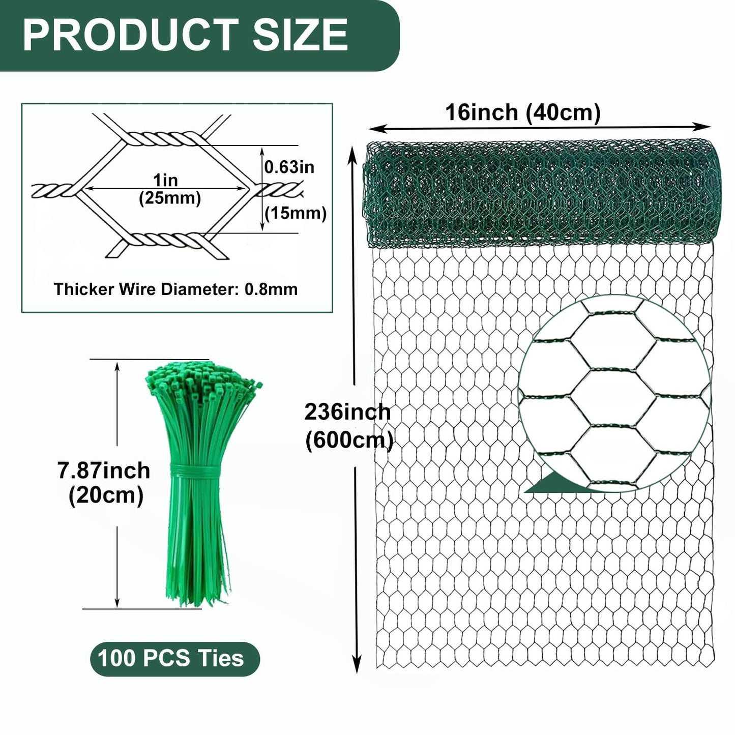 Chicken Wire for Floral Arrangements, 16 x 236 Inches Green Floral Chicken Wire Mesh, 0.6 Inch Hexagonal Galvanized PVC Coated Garden Mesh Netting Fence for Crafts Poultry Garden with 100pcs Ties