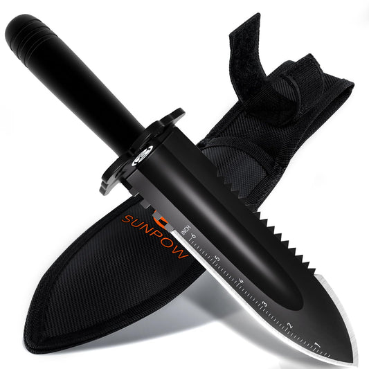 SUNPOW Metal Detector Shovel - Heavy Duty Double Serrated Edge Digger Trowel - Garden Digging Tools with Carrying Sheath - Metal Detector Accessories