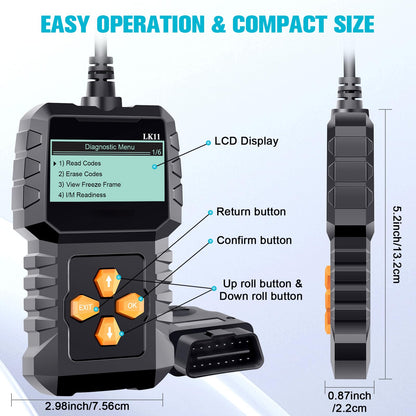 OBD2 Scanner Ease Setup Plug-Play: Clear Reset Engine Error Code Professional Code Reader Diagnostic Scan Tools with Freeze Frame/I/M Readiness for All Cars Since 1996 & Newer -LK11