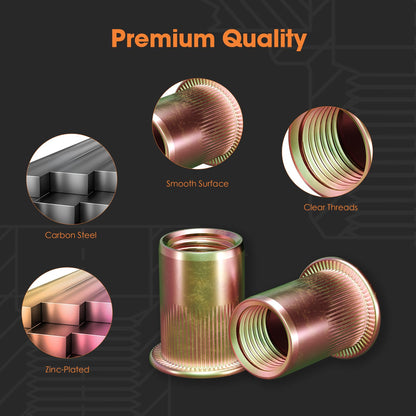 HANGLIFE Rivet Nut Assortment Kit (250 Pcs) - UNC SAE Rivnut Threaded Insert Nuts - Includes #6-32, #8-32, #10-24, 1/4"-20, 5/16"-18, 3/8"-16 Flat Head Nutserts, Zinc-Plated Carbon Steel