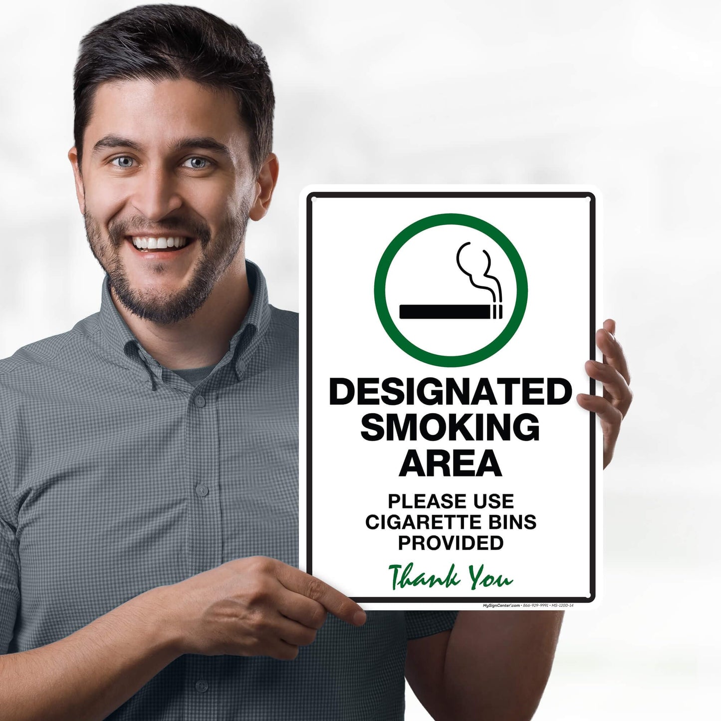 Designated Smoking Area Please Use Cigarette Bins Provided Sign, 10x14 Inches, Rust Free .040 Aluminum, Fade Resistant, Made in USA by My Sign Center