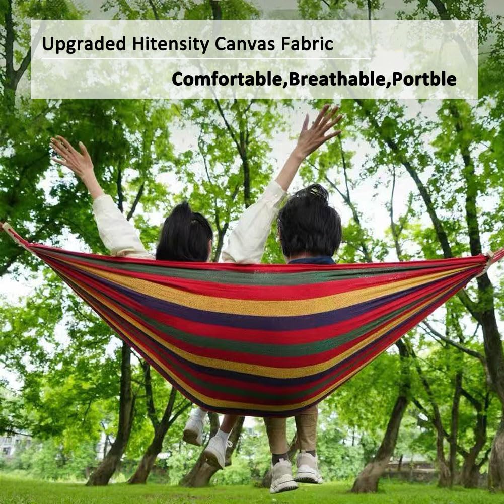 HappyGo 550lbs Camping Hammock Durable Canvas Fabric 9ft Hammock with Two Anti Roll Spreader Bar and Tree Straps for Backyard,Travel,Porch,Beach,Backpacking